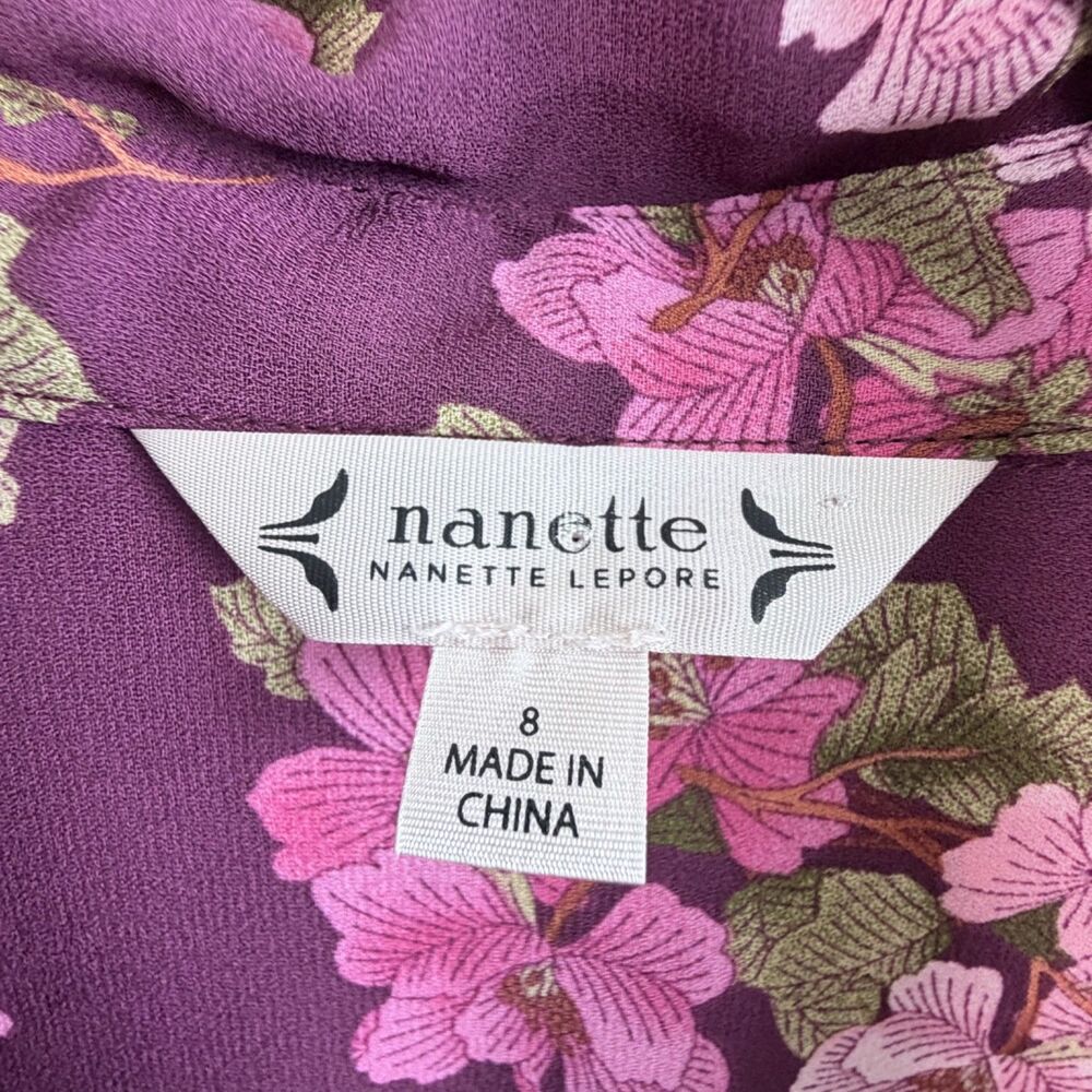 Nanette Lepore Burgundy Floral Button Front Long Sleeve Dress 4 Button Cuff Sz 8 - Picture 6 of 6